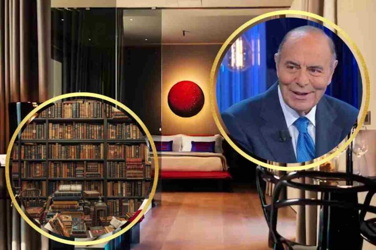 La casa pugliese di Bruno Vespa e nei cerchi il conduttore e migliaia di libri