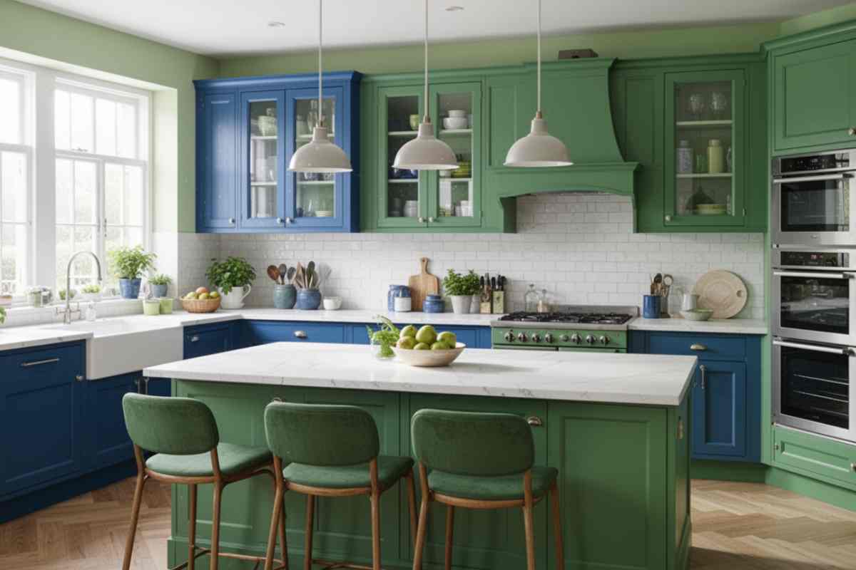 cucina tinteggiata di verde e di blu
