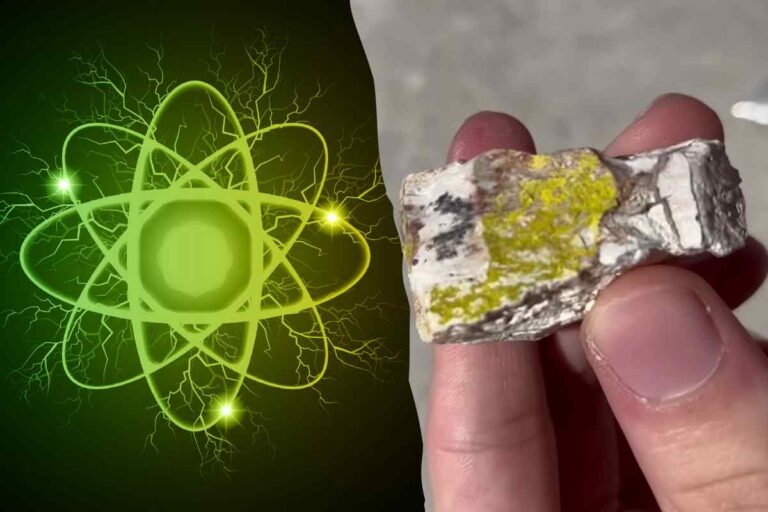 reazione nucleare logo e pezzo di roccia