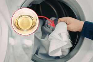 persona che mette abiti in lavatrice e aceto