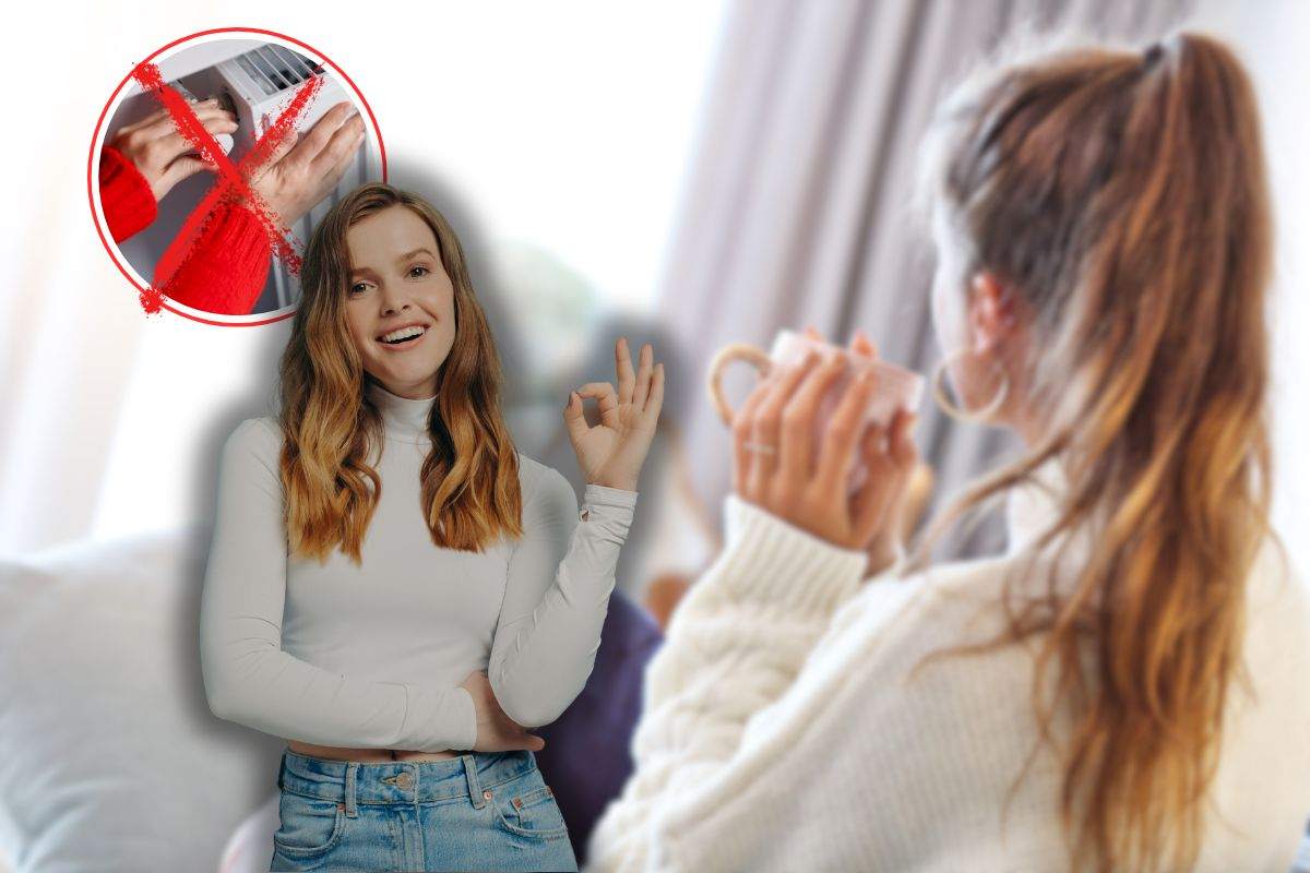 donna che beve bevanda in casa, x rossa su termosifoni e donna che fa ok con le mani