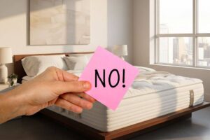 letto in camera e mano che mantiene un post it con scritta no