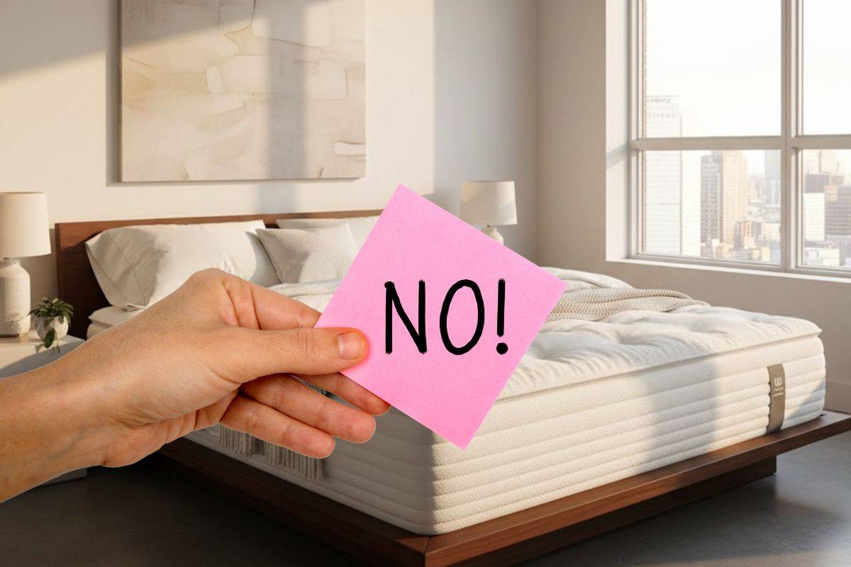 letto in camera e mano che mantiene un post it con scritta no