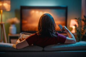 donna di spalle che guarda tv con pop corn in mano