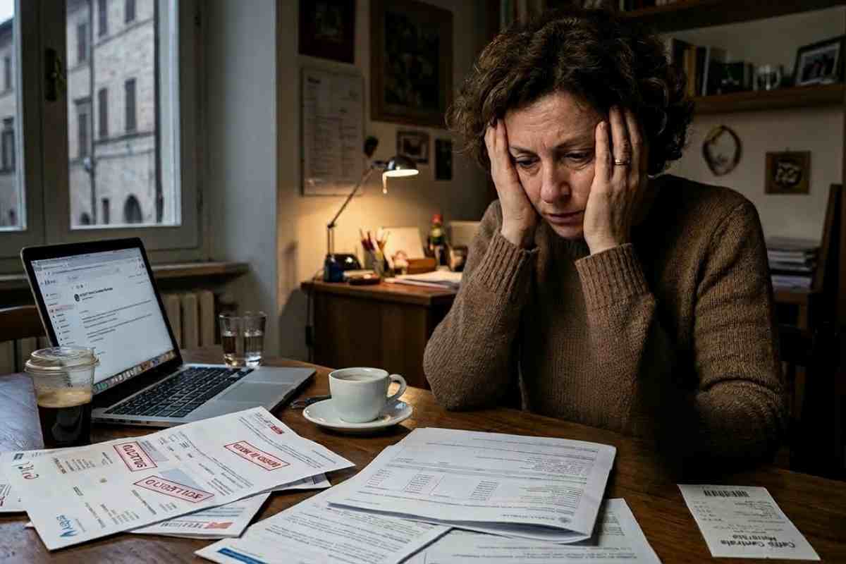 donna preoccupata per una segnalazione della banca