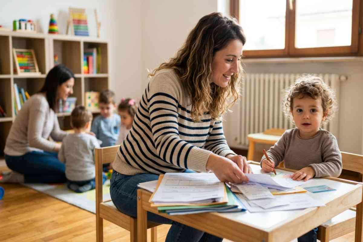 educatrice in un nido con bimbo
