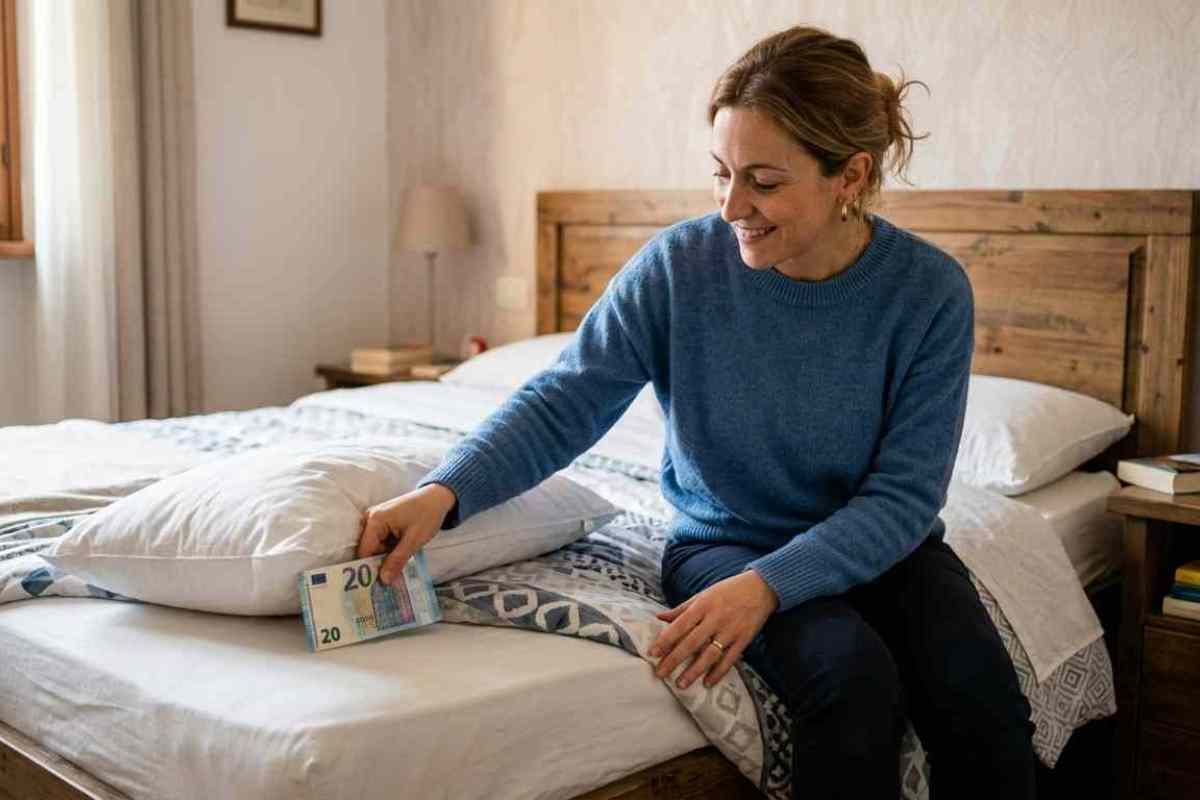 donna mette banconota sotto il cuscino