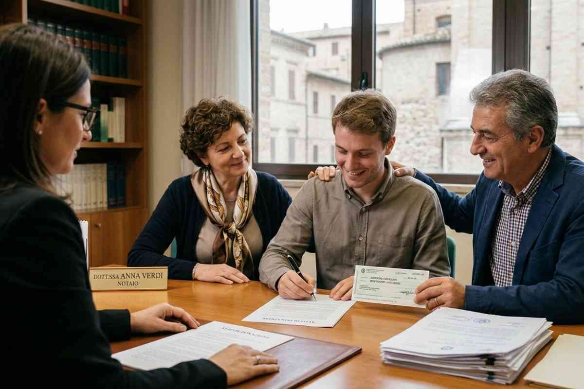 figlio riceve donazione economica per una casa dai genitori davanti a un notaio