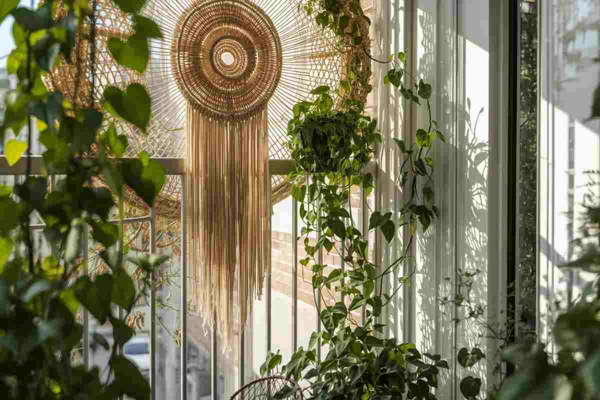 balconcino decorato con piante e fibre naturali