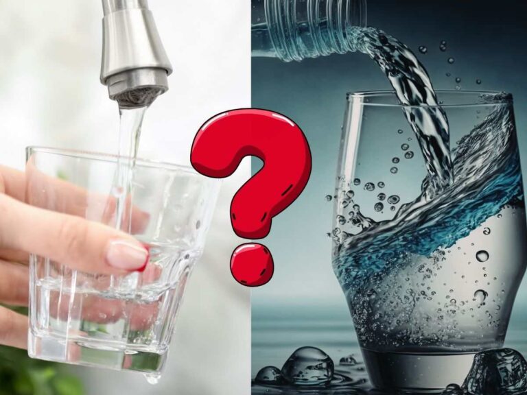 acqua da un rubinetto e acqua versata dalla bottiglia