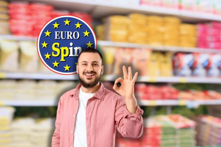 scaffali con riso, uomo che fa ok e logo eurospin