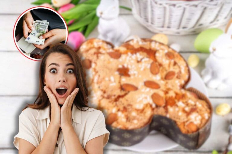 colomba pasquale intera, donna sorpresa e mano con 5 euro