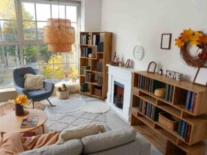 un salotto arredato con caminetto