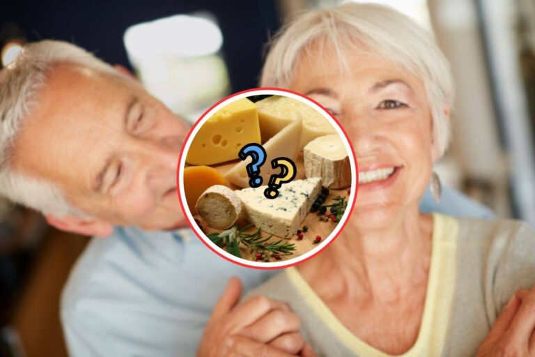 coppia di persone mature come sfondo e in primo piano una serie di formaggi