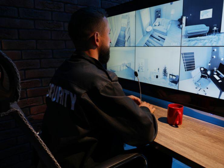 uomo della sicurezza che controlla le telecamere