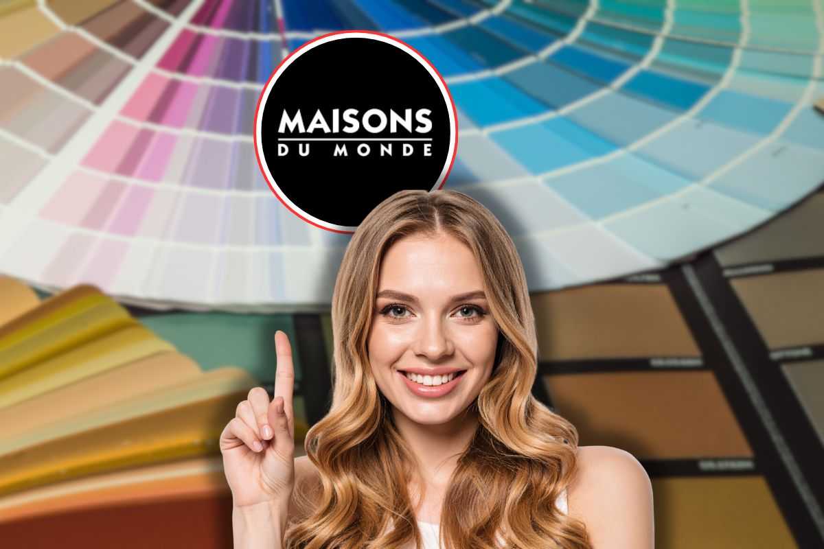 tavolozza di colori, logo maisons du monde e donna sorridente che lo indica