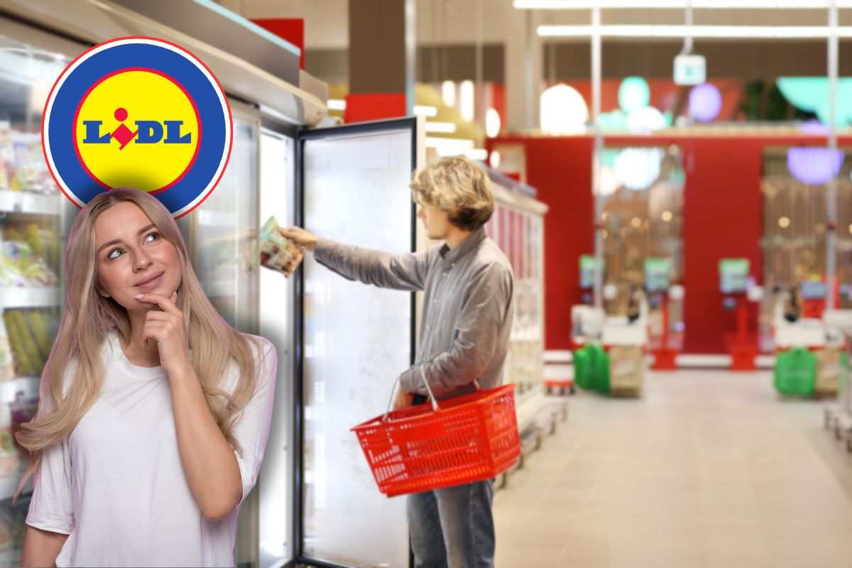 uomo al supermercato, donna che pensa e logo lidl