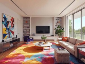 un tappeto con stampa astratta in un salotto