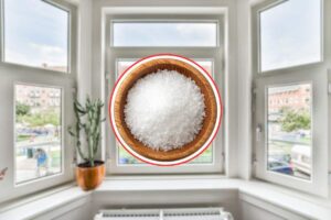 ampia finestra con vetrate sul panorama e una ciotola con del sale grosso
