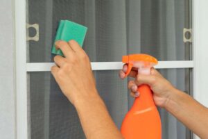 donna che pulisce zanzariera