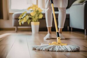 donna usa mocio sul pavimento