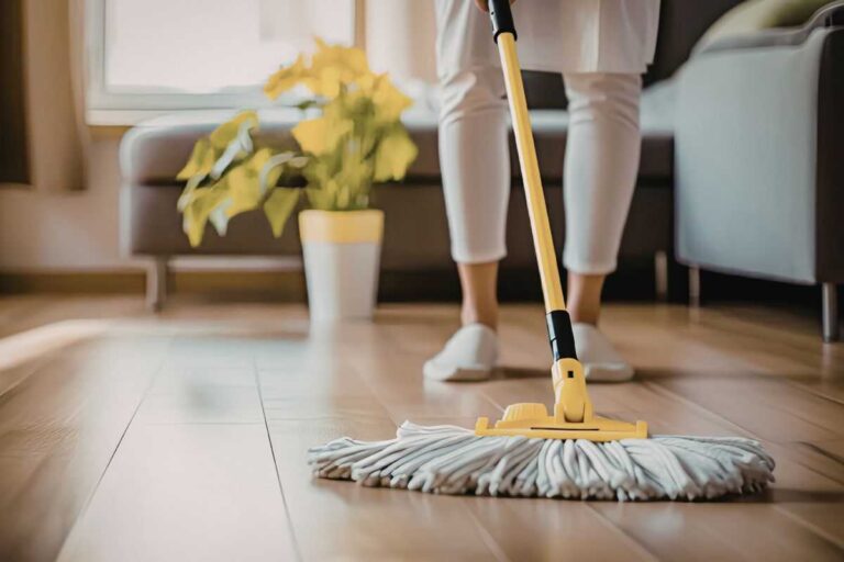 donna usa mocio sul pavimento