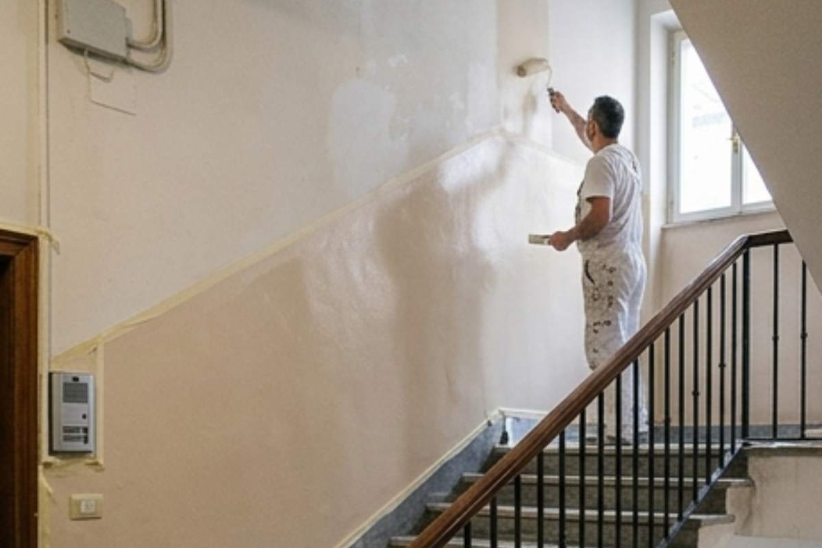 imbianchino al lavoro in un condominio