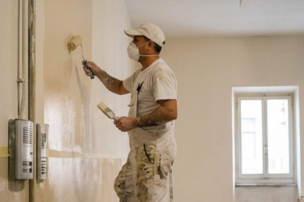 imbianchino al lavoro in un condominio